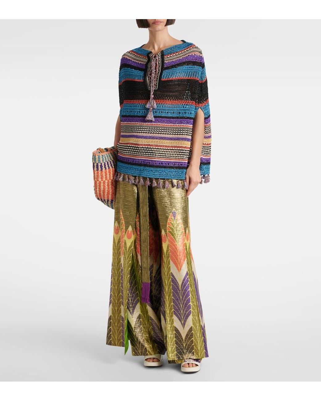 Valentino Garavani Blue Crochet Striped Lame Poncho
