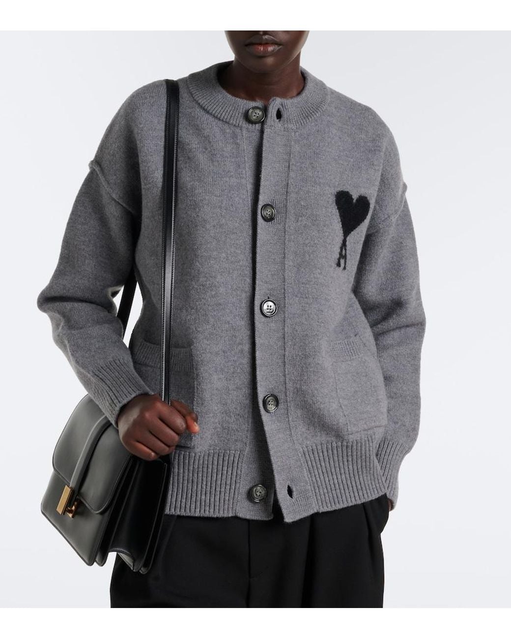 AMI Gray Ami De Coeur Wool Cardigan