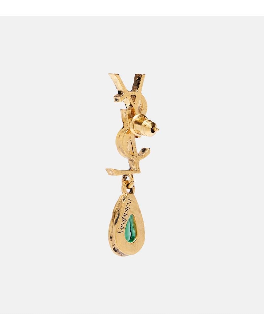 Saint Laurent White Cassandre Embellished Drop Earrings