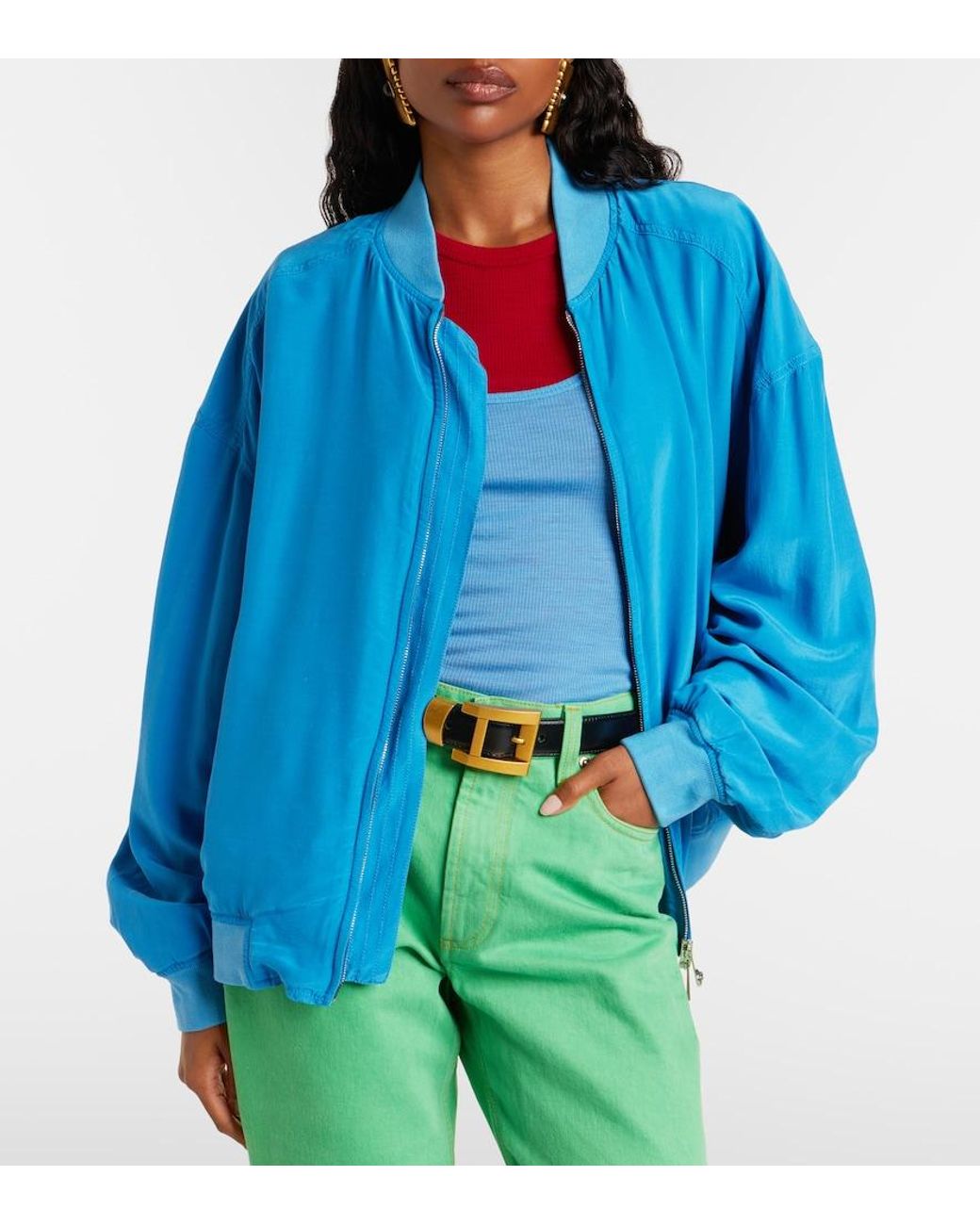 Versace Blue Oversized Silk Poplin Blouson Jacket