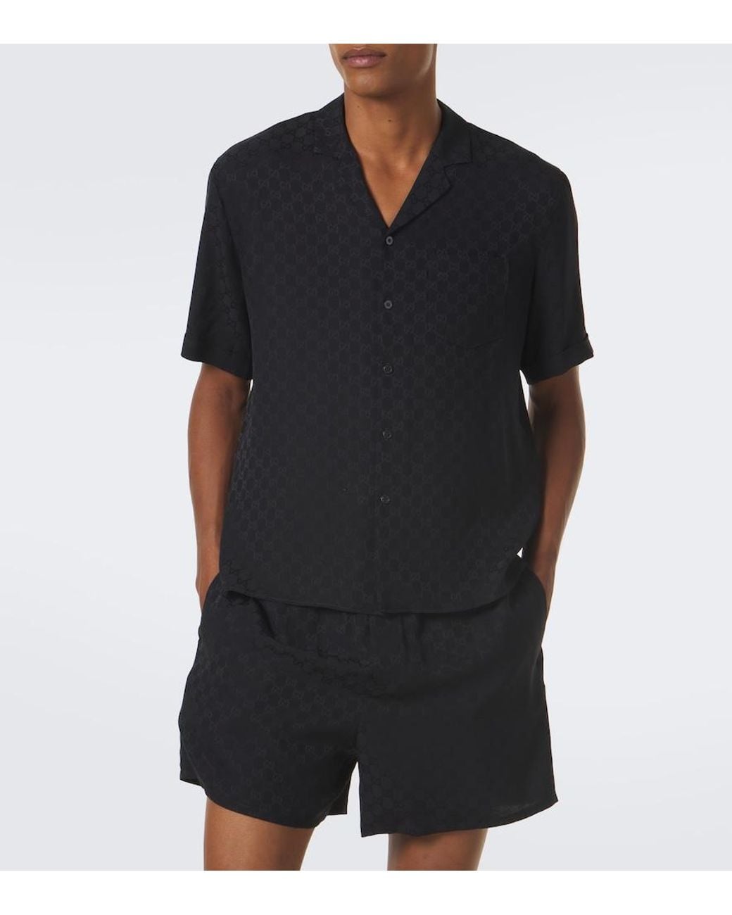 Gucci Black Gg Jacquard Silk Bowling Shirt for men