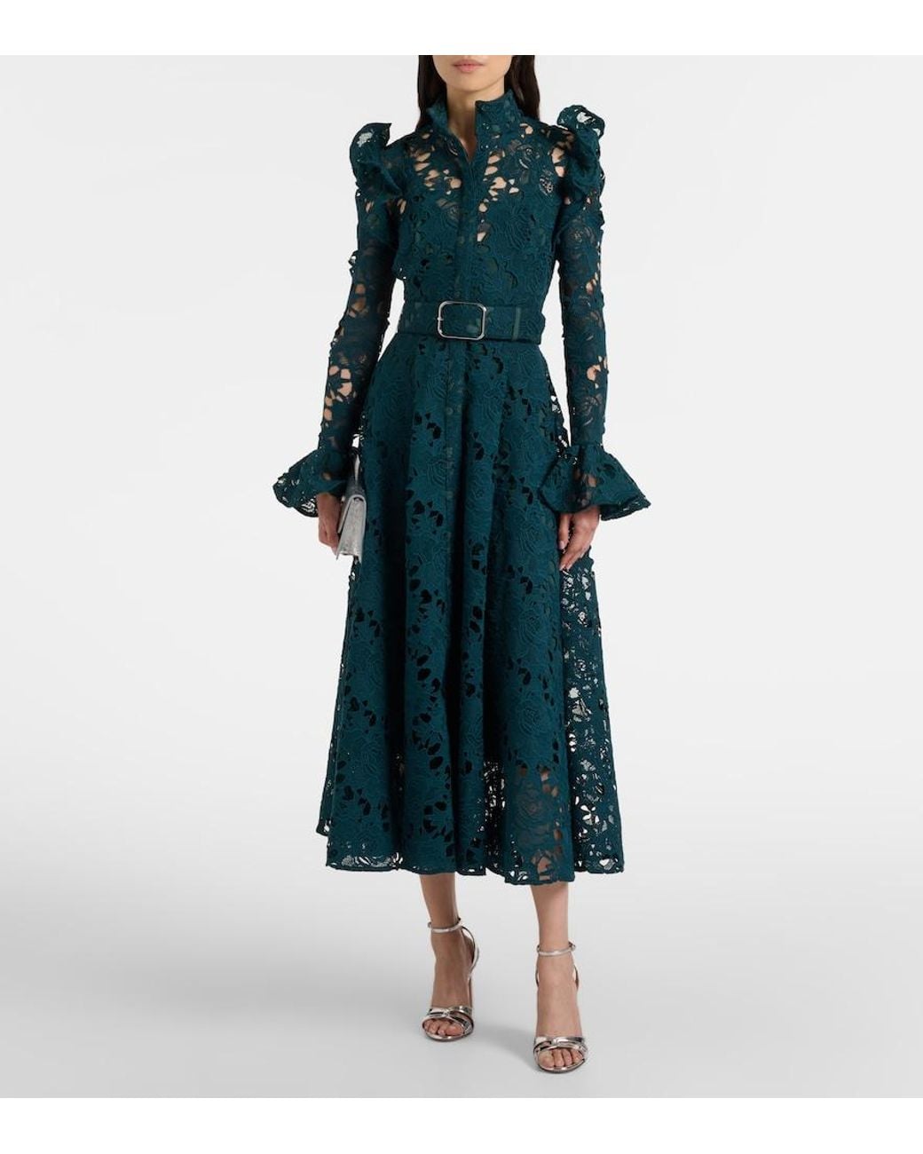 LEO LIN Green Aliyah Belted Lace Midi Dress
