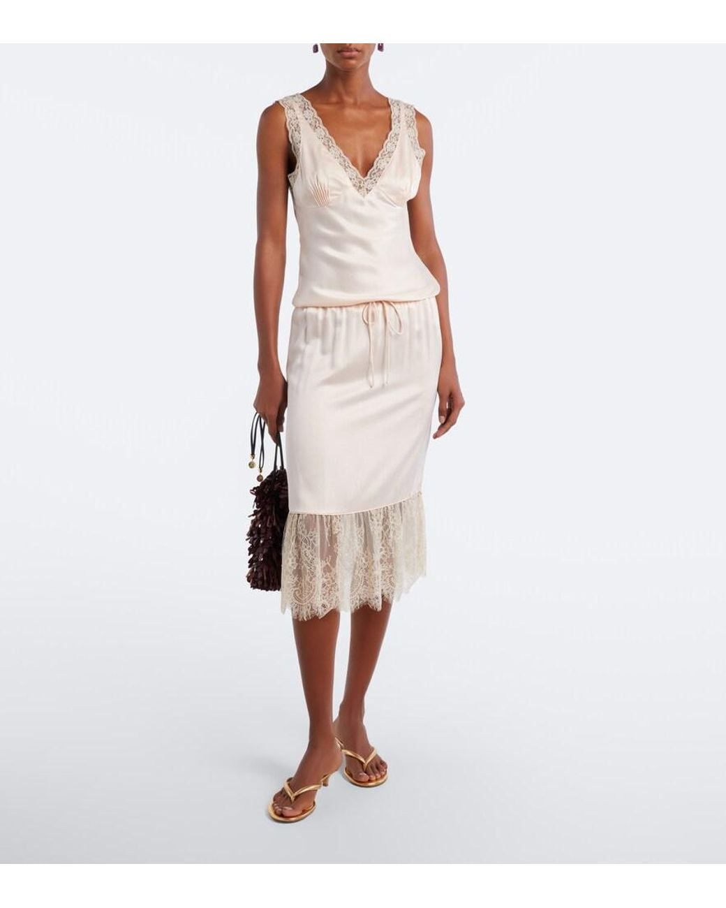 Posse Natural Blake Lace-Trimmed Silk Satin Midi Skirt