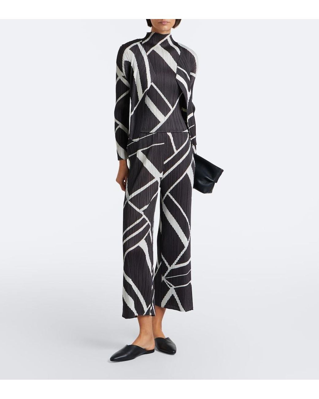 Pleats Please Issey Miyake Gray Fold Line Pleated Printed Wide-Leg Pants