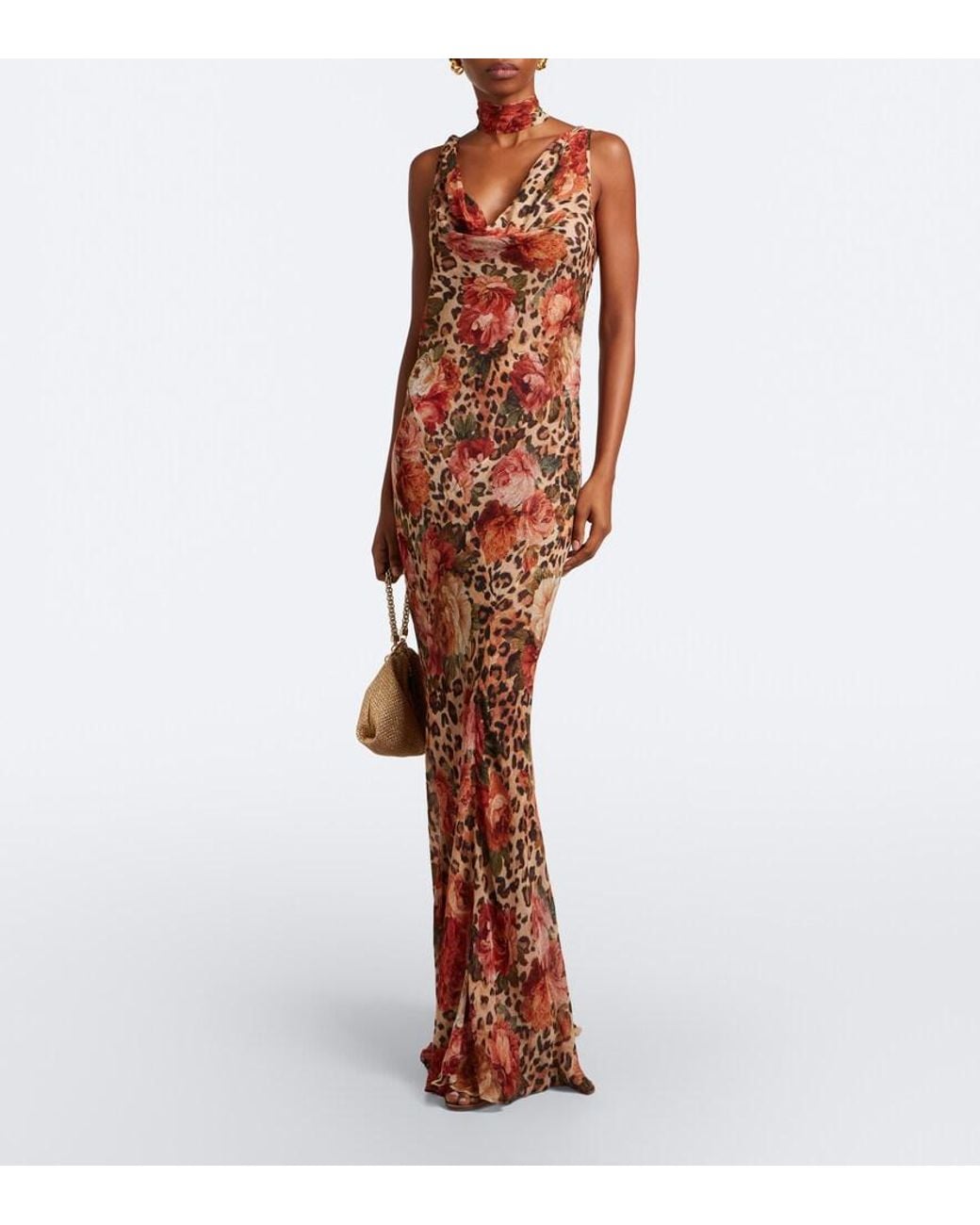 Alexandra Miro Brown Harper Scarf-Detail Printed Maxi Dress