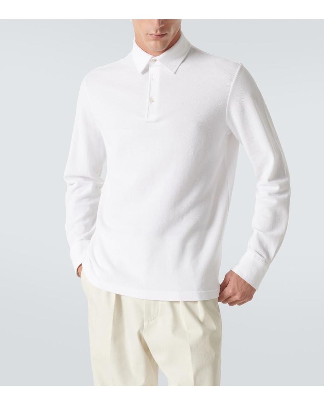 Loro Piana White Cotton Long-Sleeved Polo Sweater for men
