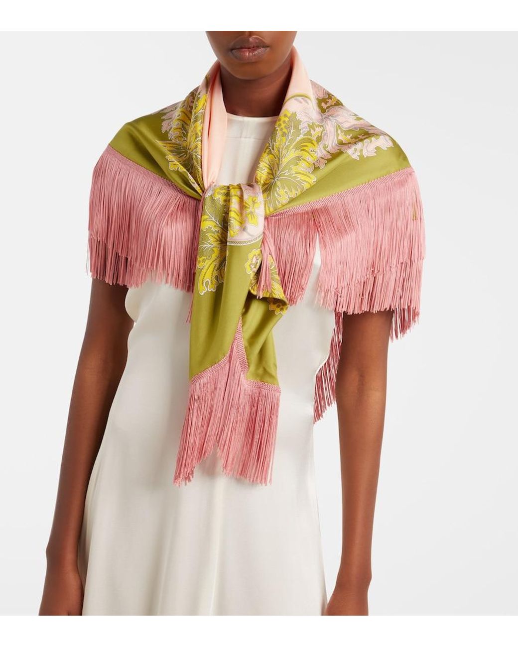 LaDoubleJ Yellow Fringed Printed Silk Twill Scarf