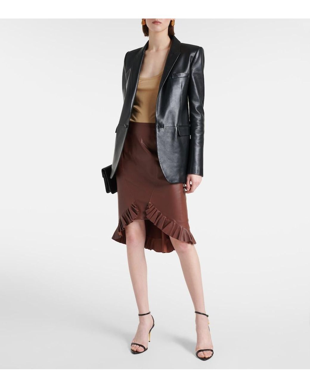 Tom Ford Brown Ruffled Leather Midi Skirt