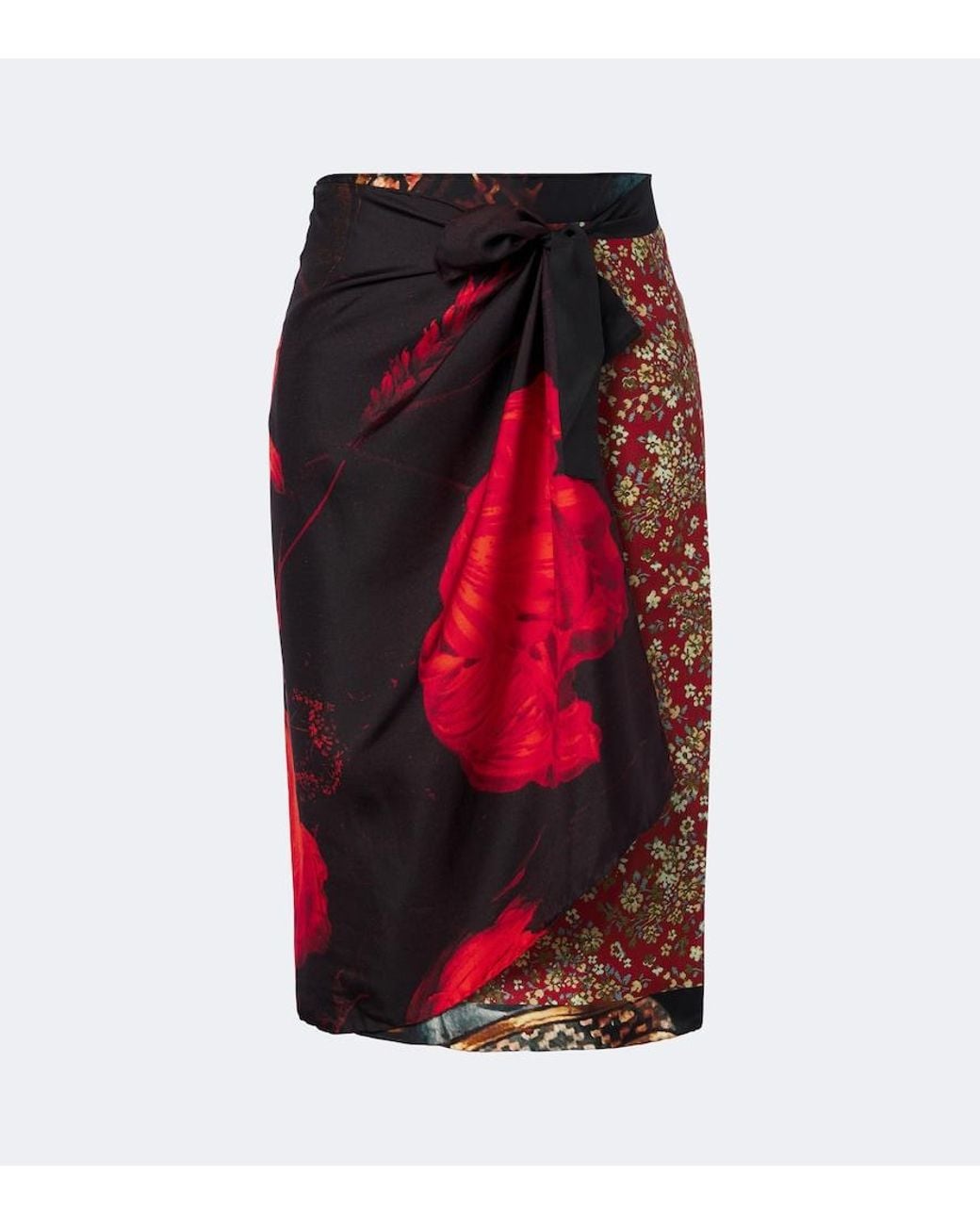 Dries Van Noten Red Printed Silk Wrap Skirt