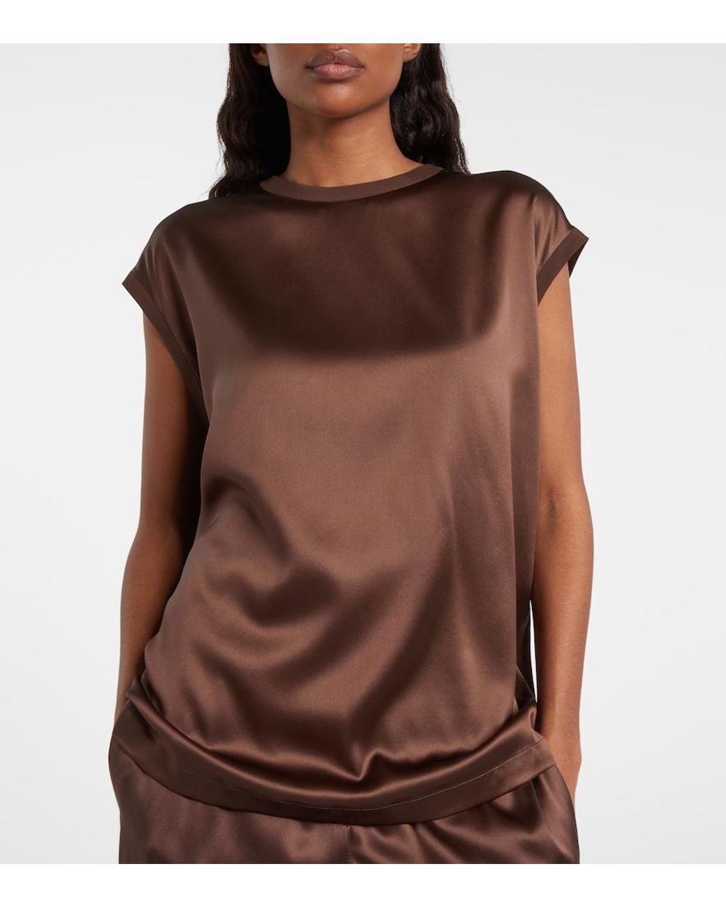 Brunello Cucinelli Brown Silk-Blend Satin Top