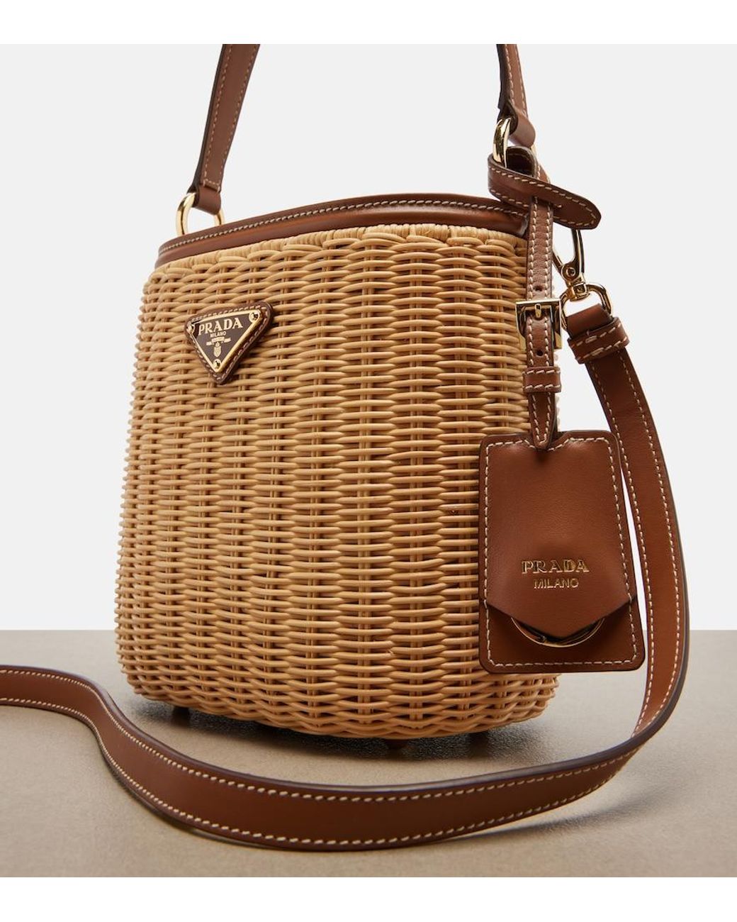 Prada Brown Leather-Trimmed Wicker Bucket Bag