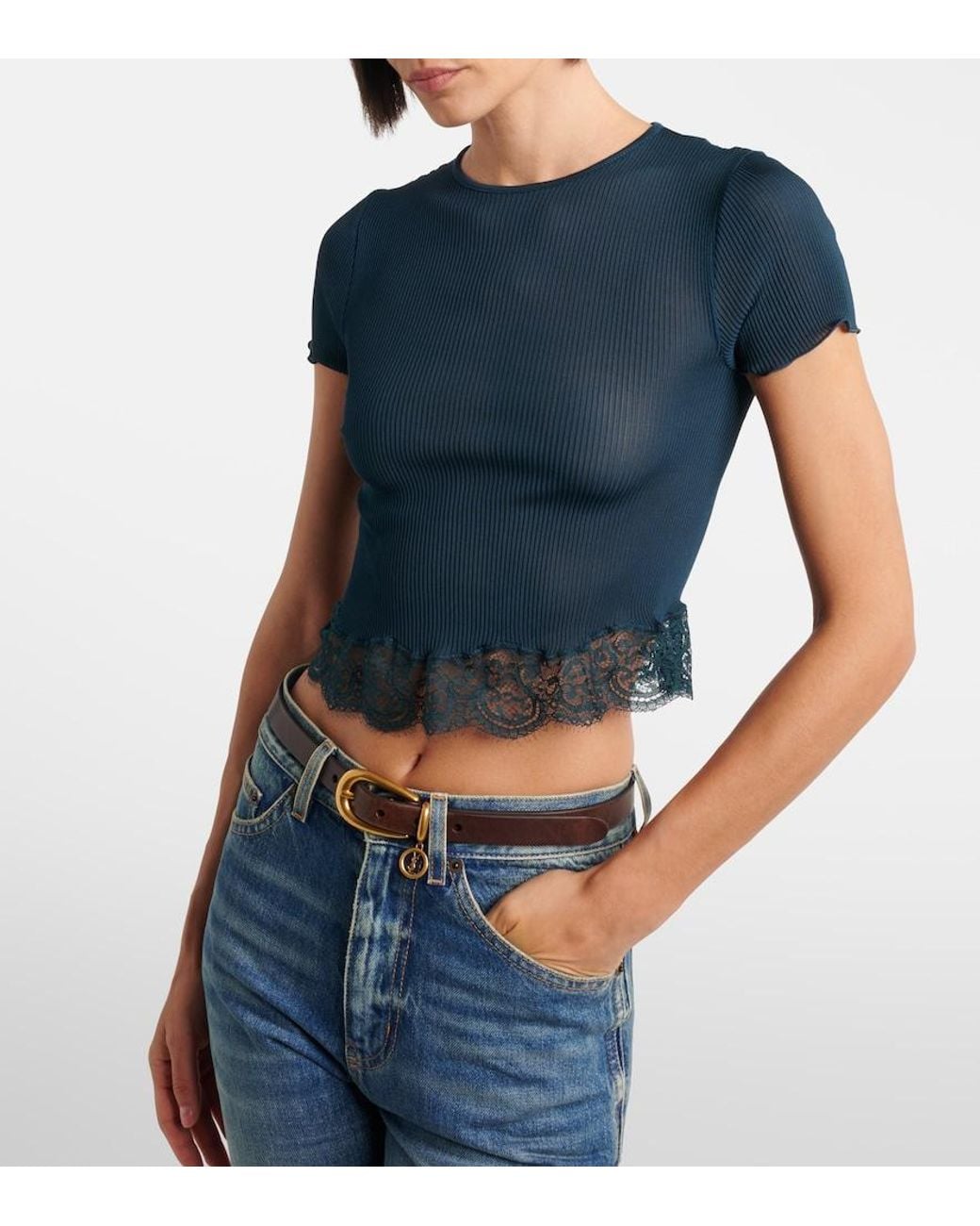 Saint Laurent Blue Lace-Trimmed Cropped Silk T-Shirt