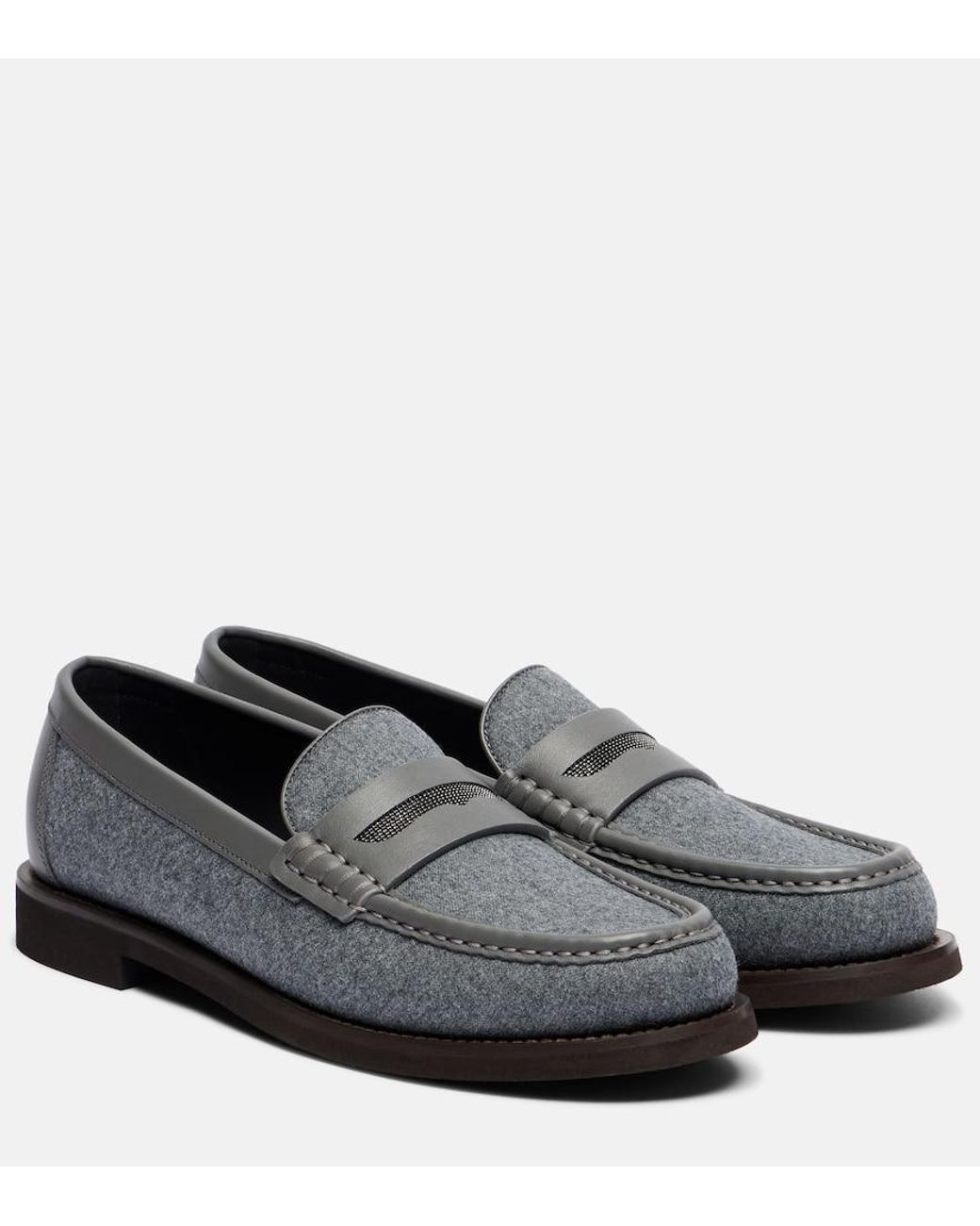 Brunello Cucinelli Gray Monili Leather-Trimmed Loafers
