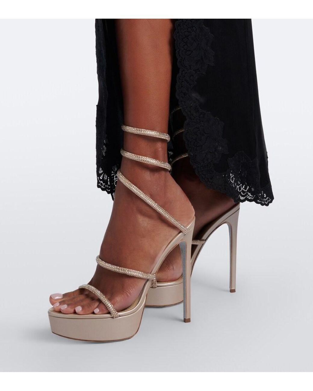 Rene Caovilla White Cleo Embellished Satin Platform Sandals
