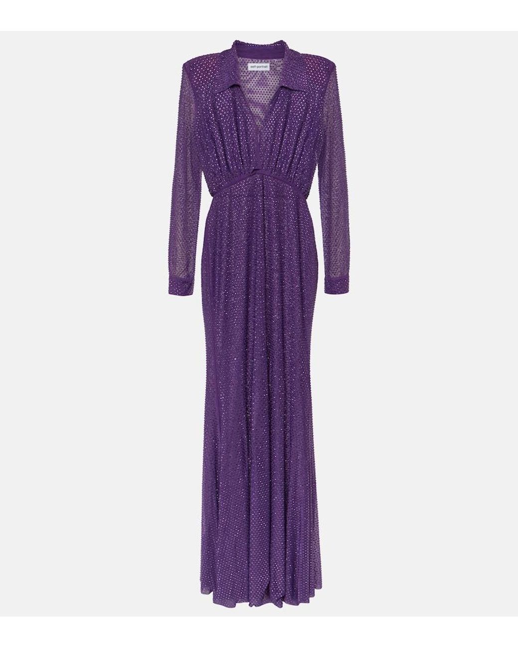 Self-Portrait Purple Embellished Mesh Maxi Dress