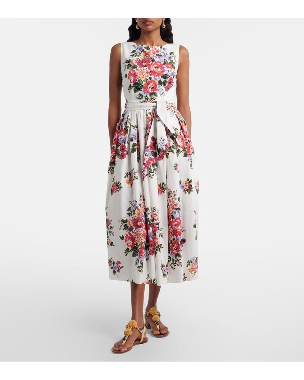 Dolce & Gabbana Red Floral Cotton Midi Dress