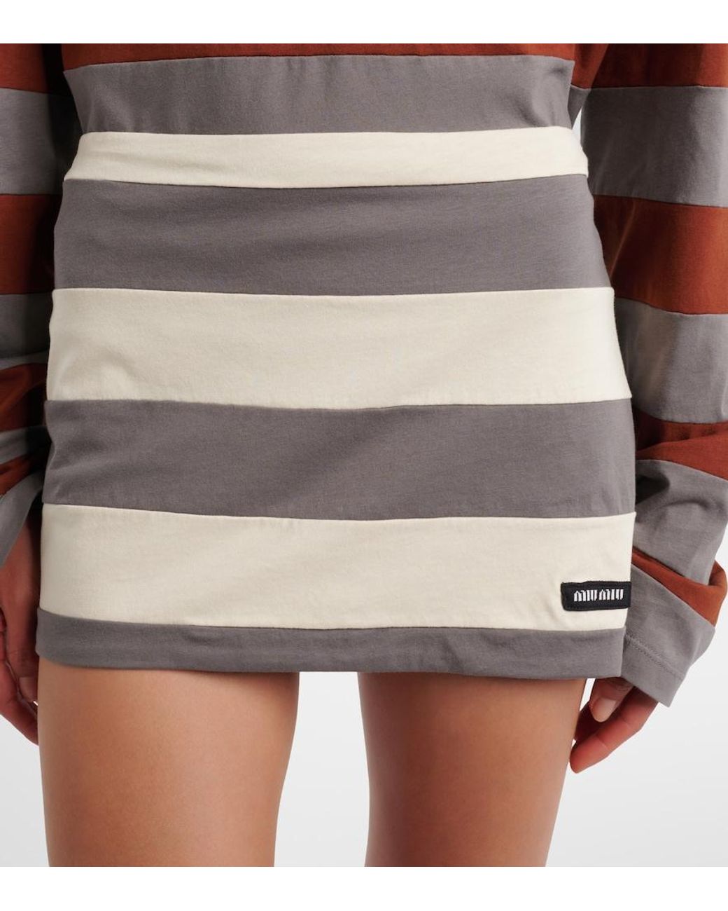 Miu Miu Gray Striped Cotton Jersey Miniskirt