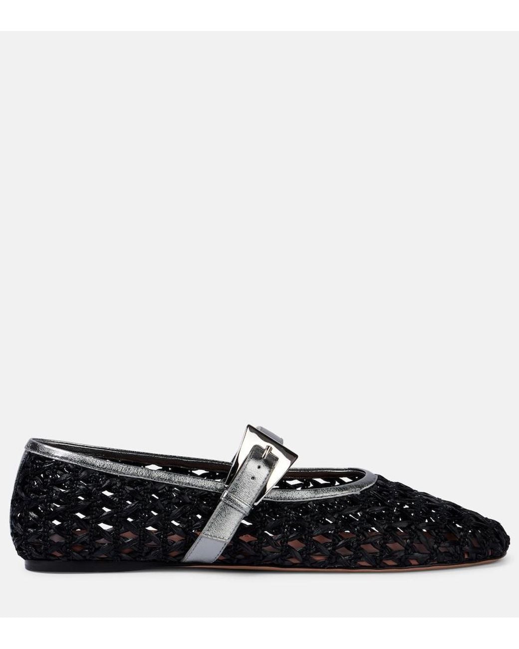 Paris Texas Black Sveva Buckle-Detail Raffia Ballet Flats