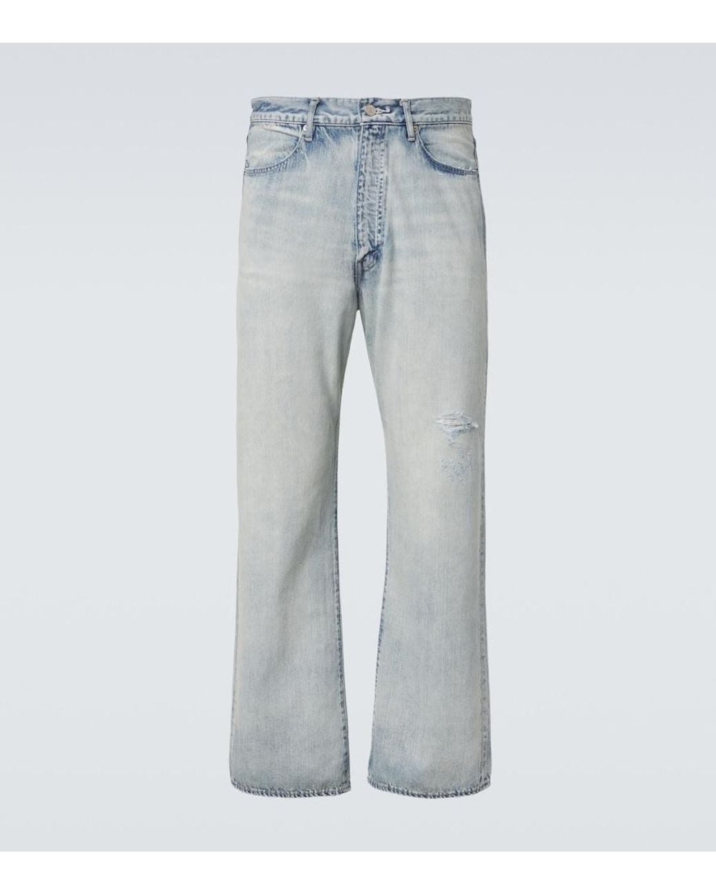 Auralee Blue Distressed Straight Jeans for men