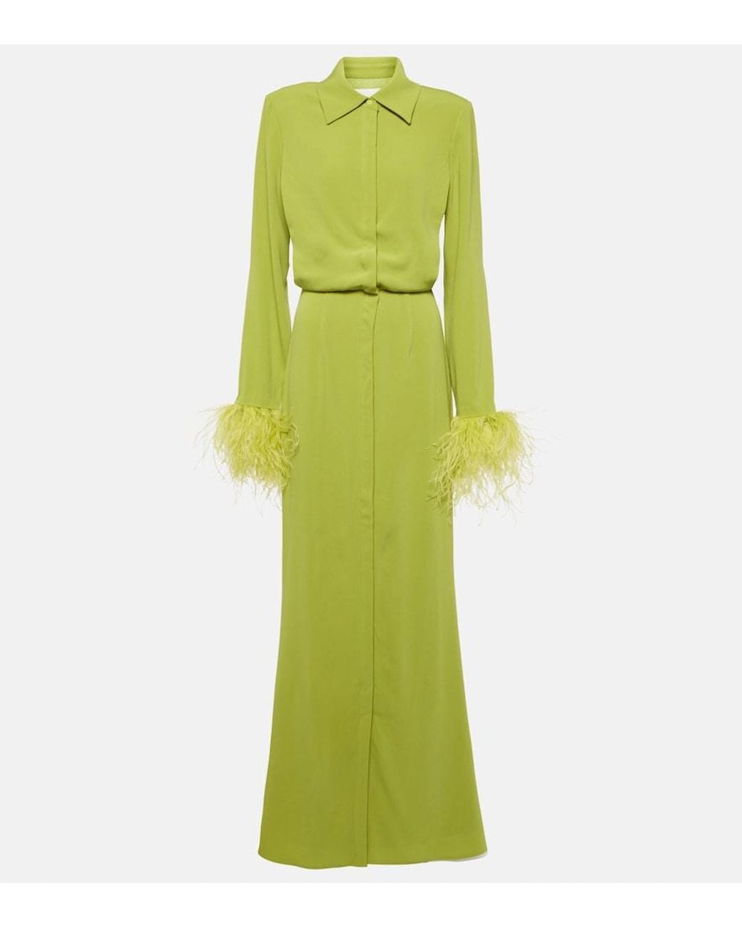 Roland Mouret Green Feather-Trimmed Crepe Satin Shirt Dress