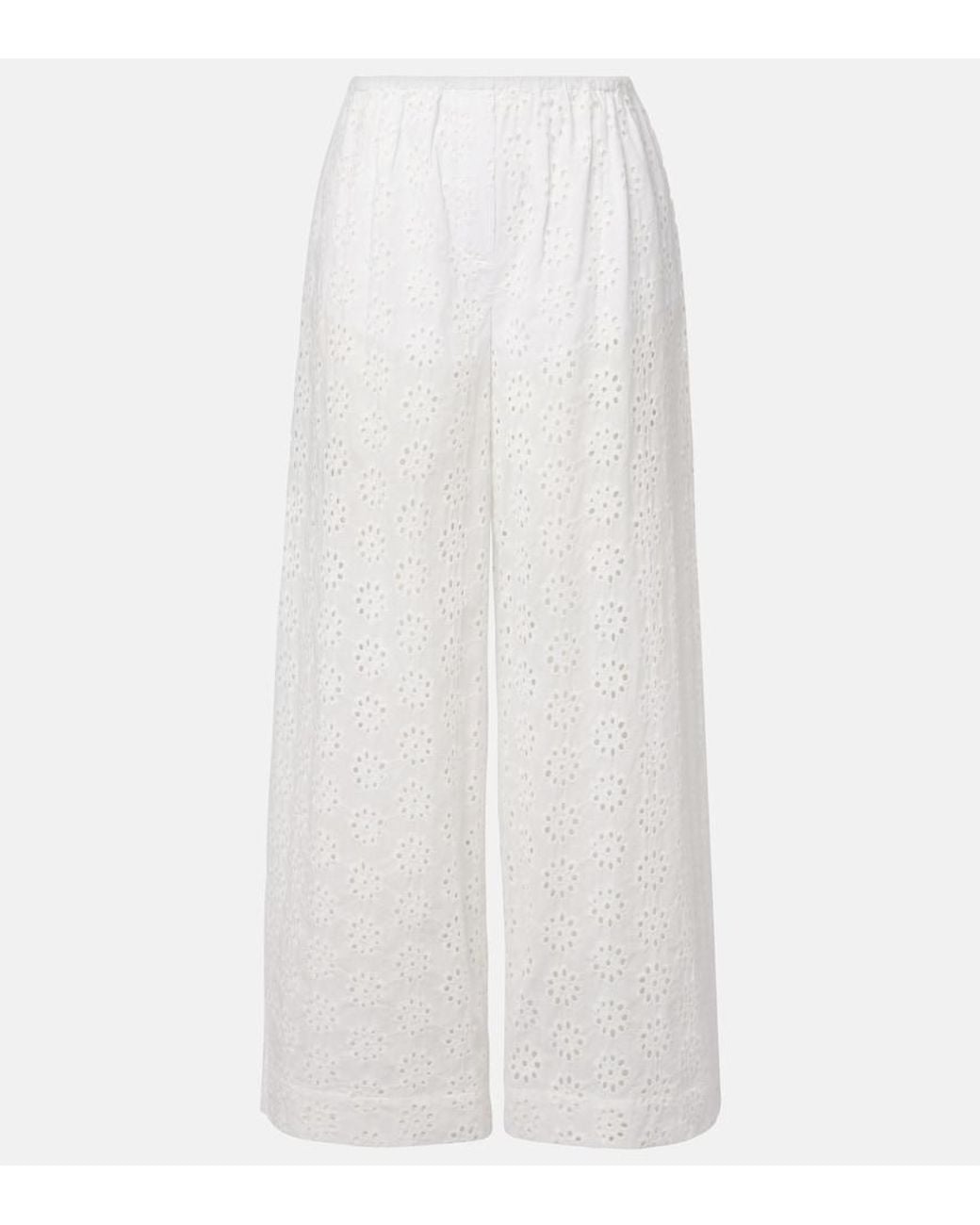 Staud White Bonfire Eyelet Cotton Wide-Leg Pants