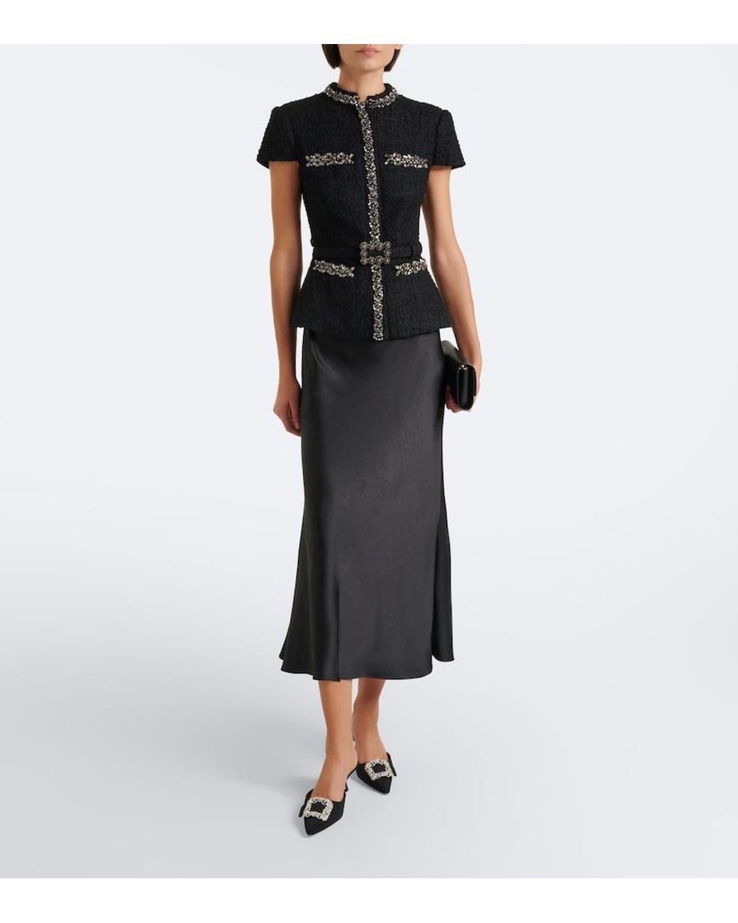 Self-Portrait Black Belted Embellished Boucle And Satin Midi Dress