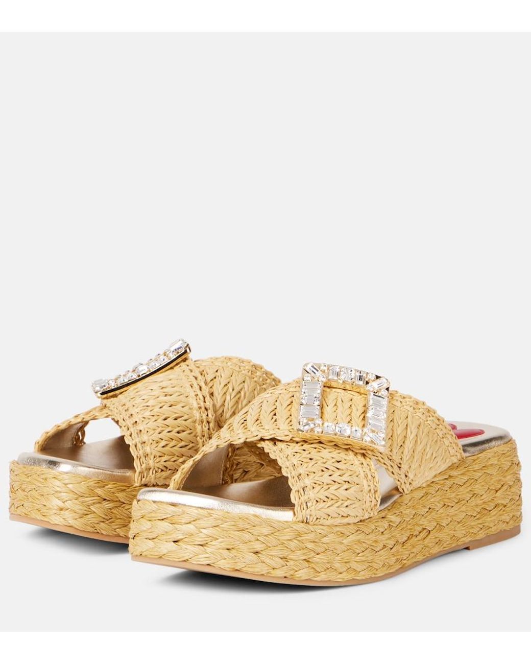 Roger Vivier Metallic Embellished Raffia Espadrille Slides