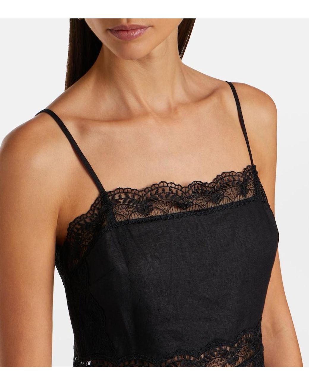 Staud Black Amalina Lace-Trimmed Linen Midi Dress