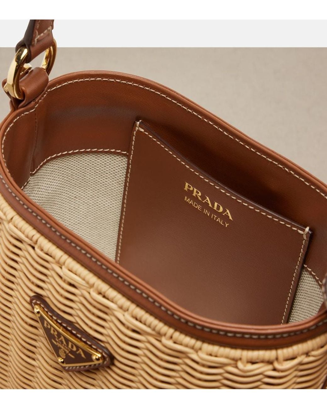 Prada Brown Leather-Trimmed Wicker Bucket Bag