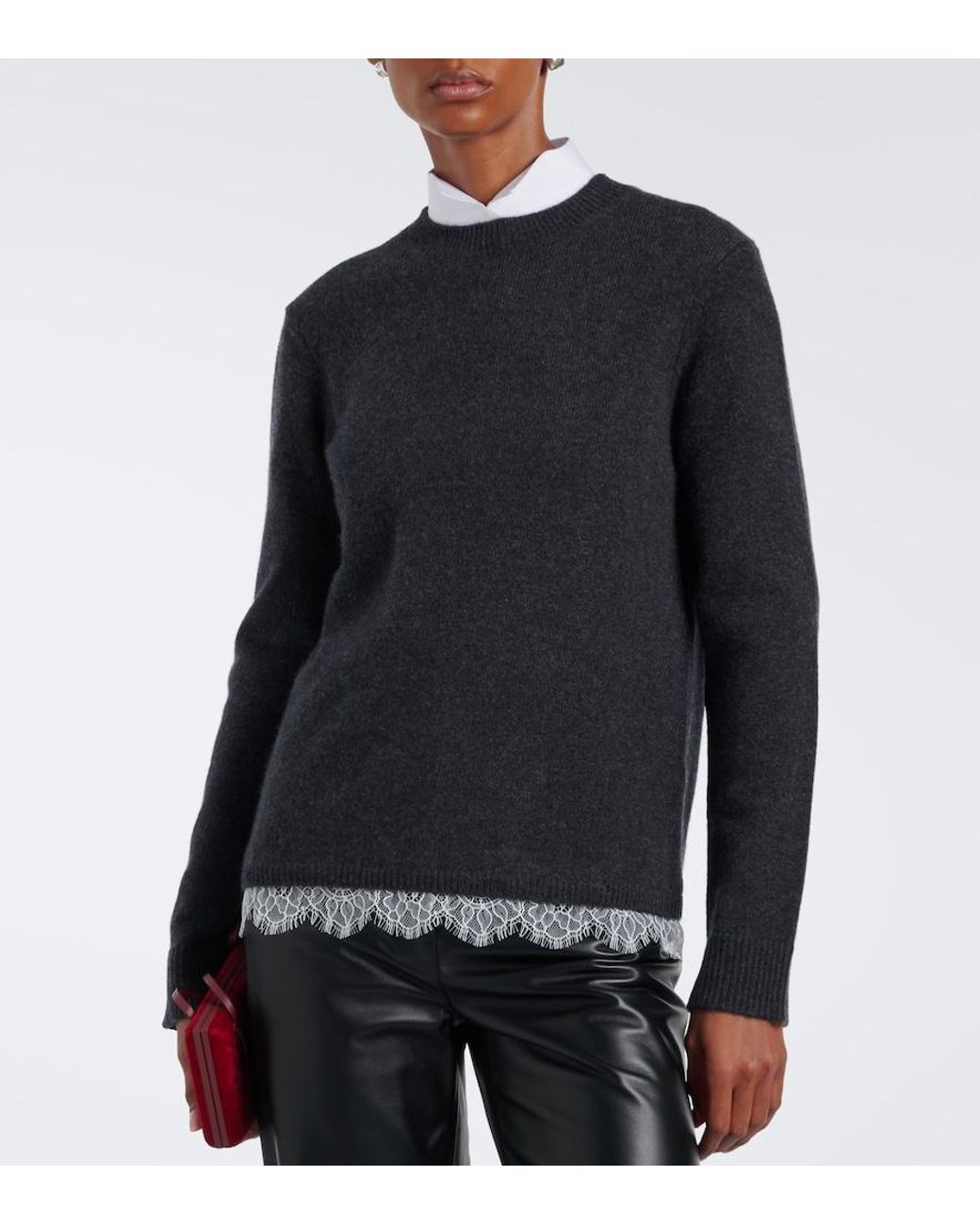 Loulou de Saison Black Arvo Lace-Trimmed Cashmere Sweater