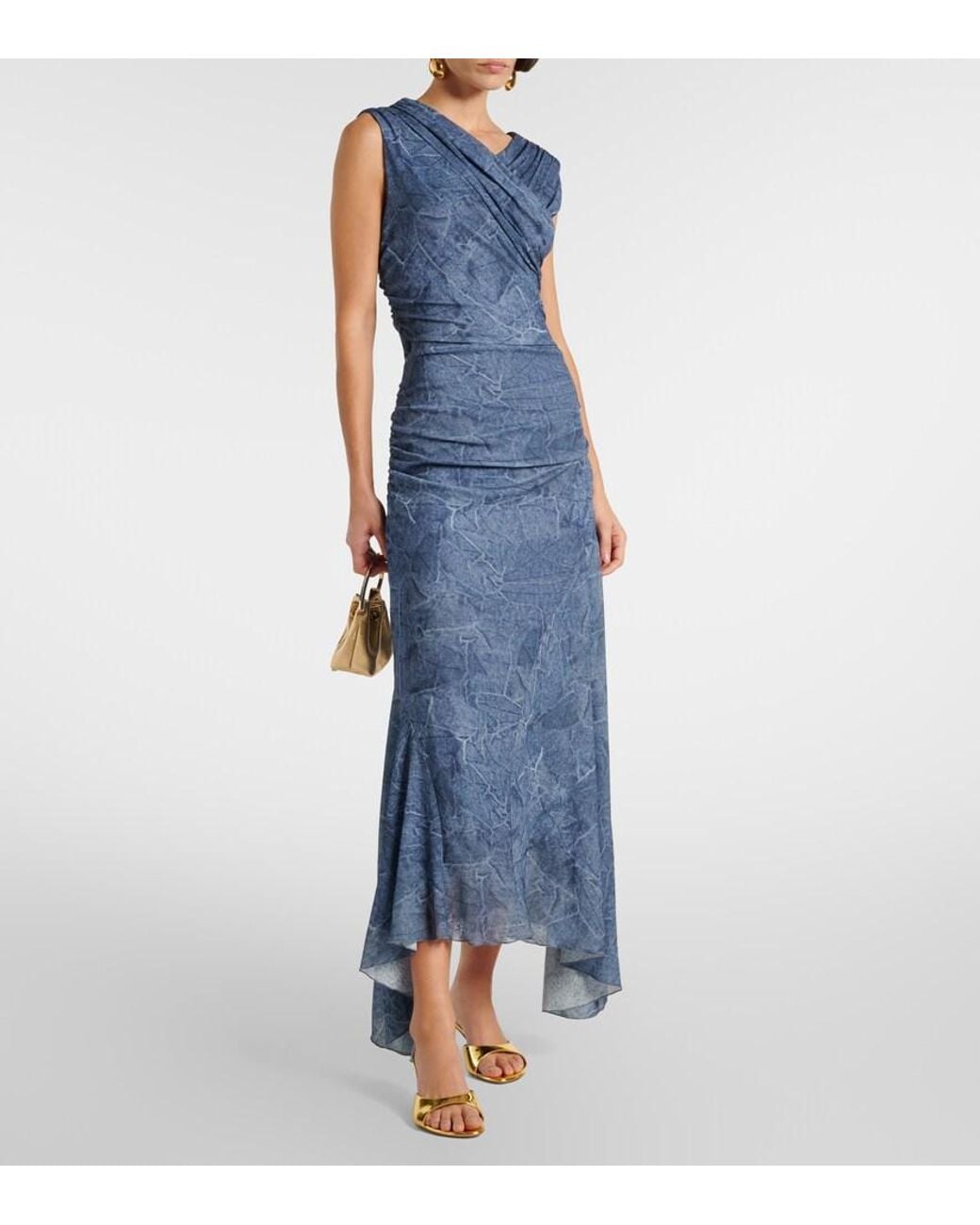 Ganni Blue Printed Ruched Mesh Maxi Dress
