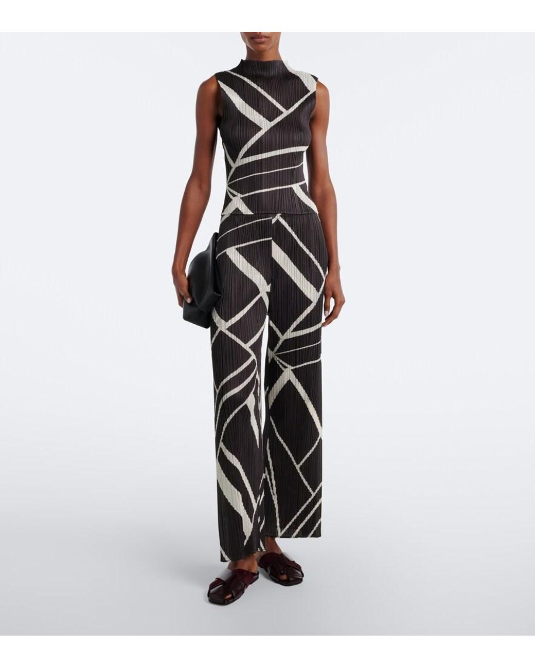 Pleats Please Issey Miyake Black Fold Line Pleated Printed Top