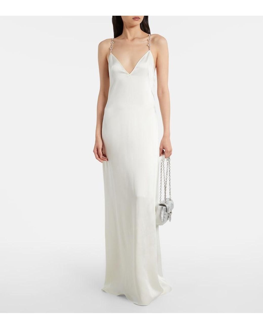 Gucci White Horsebit Embellished Satin Slip Dress
