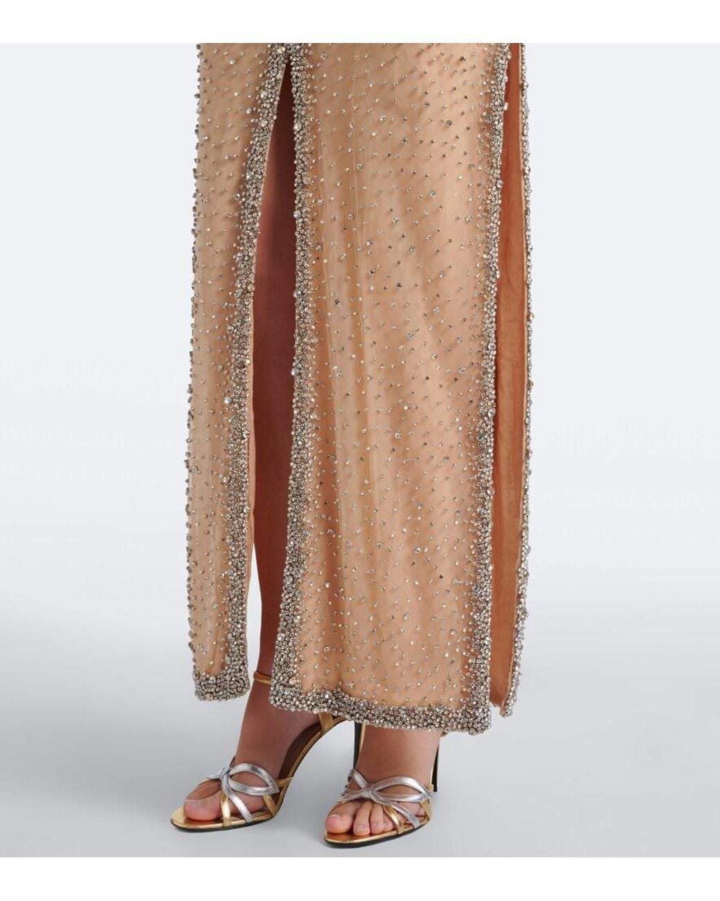 Costarellos Natural Belina Cutout Crystal-Embellished Gown
