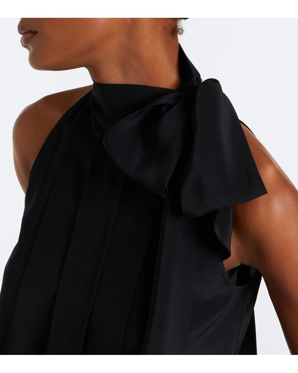 Max Mara Black Pleated Tie-Neck Silk Crepe De Chine Top