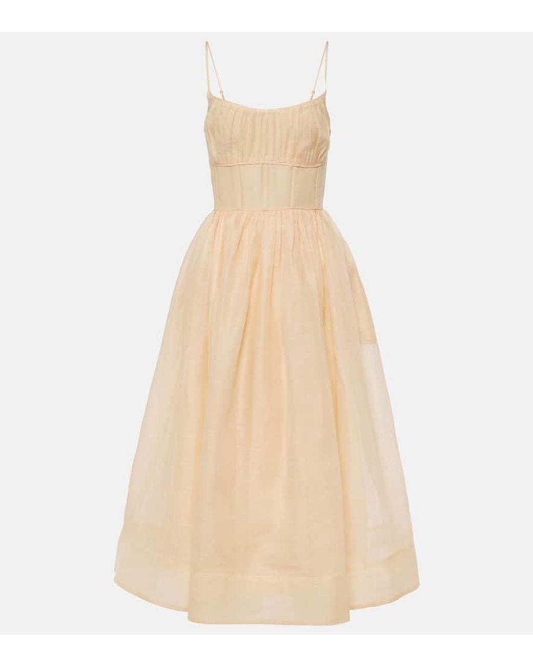 Zimmermann Natura Ruched Linen And Silk Midi Dress in Natural | Lyst Zimmermann Natura Ruched Linen And Silk Midi Dress in Natural | Lyst