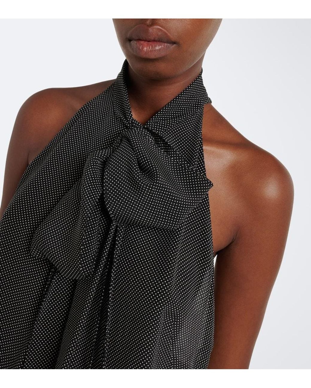 Tom Ford Black Polka-Dot Tie-Neck Silk Crepe De Chine Top