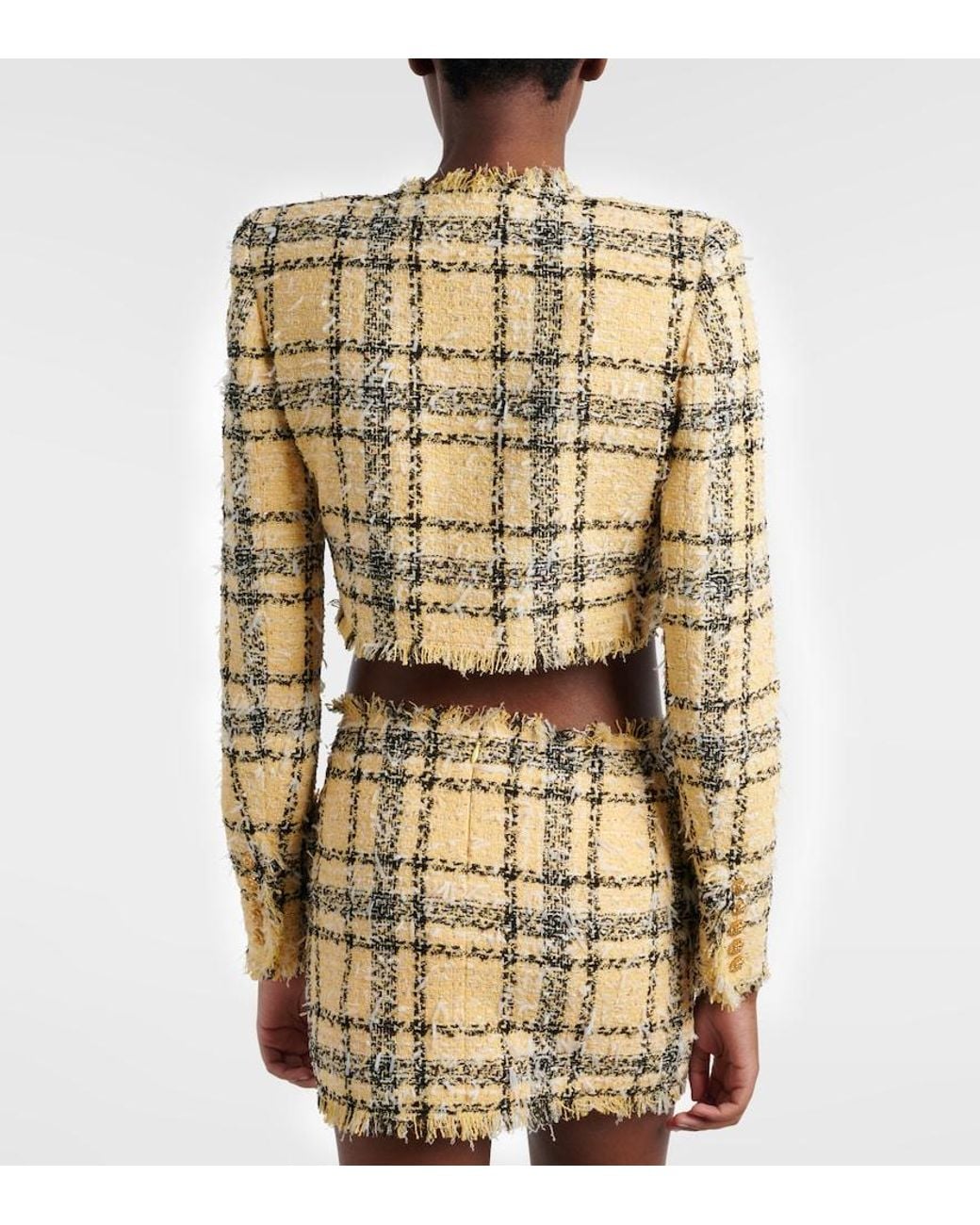 Balmain Yellow Checked Tweed Cropped Jacket