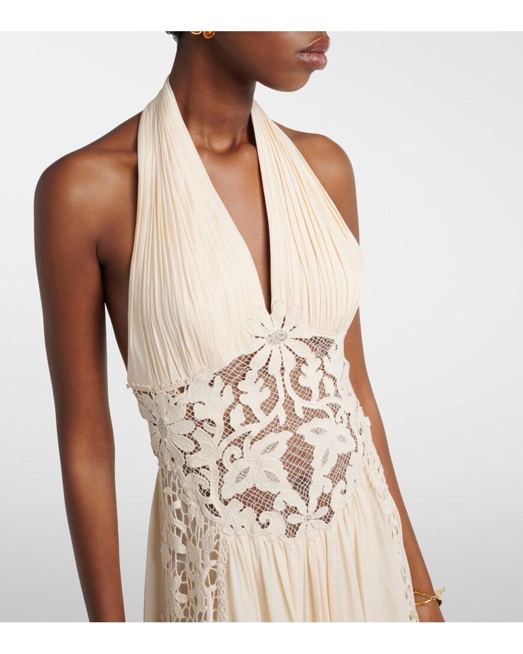 Elie Saab Natural Georgette And Macrame Gown