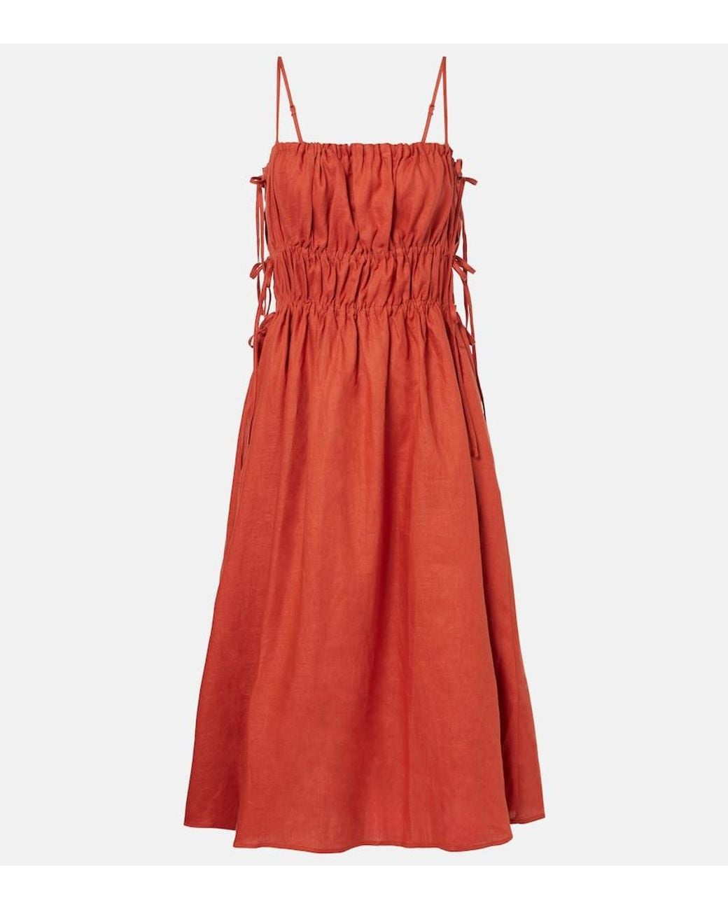 Asceno Red Eze Ruched Linen Midi Dress