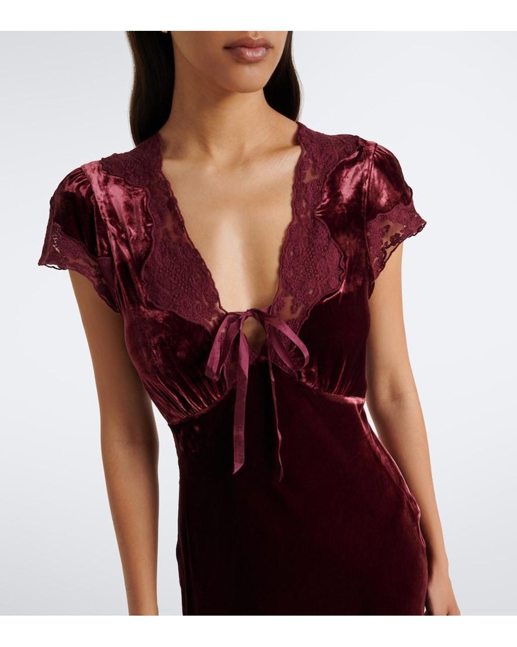 Rixo Purple Amari Lace-Trimmed Velvet Midi Dress