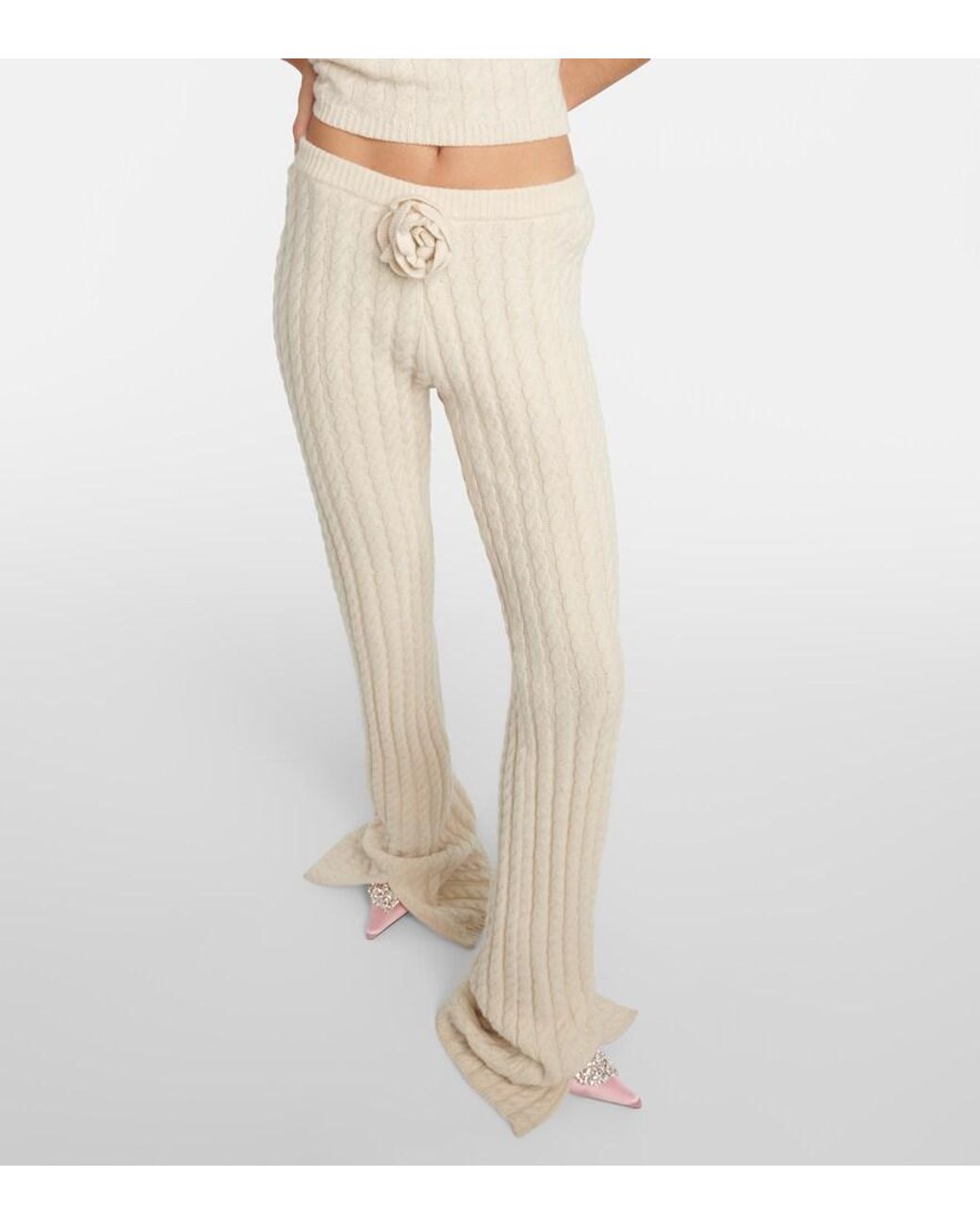 Magda Butrym Natural Floral-Applique Split-Hem Flared Pants