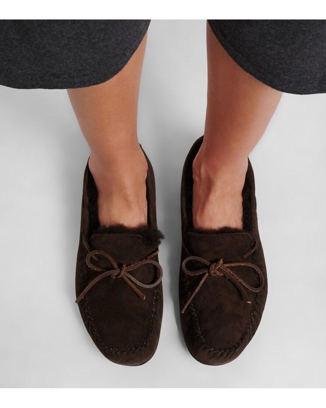The Row Brown Lucca Shearling-Trimmed Suede Boat Shoes