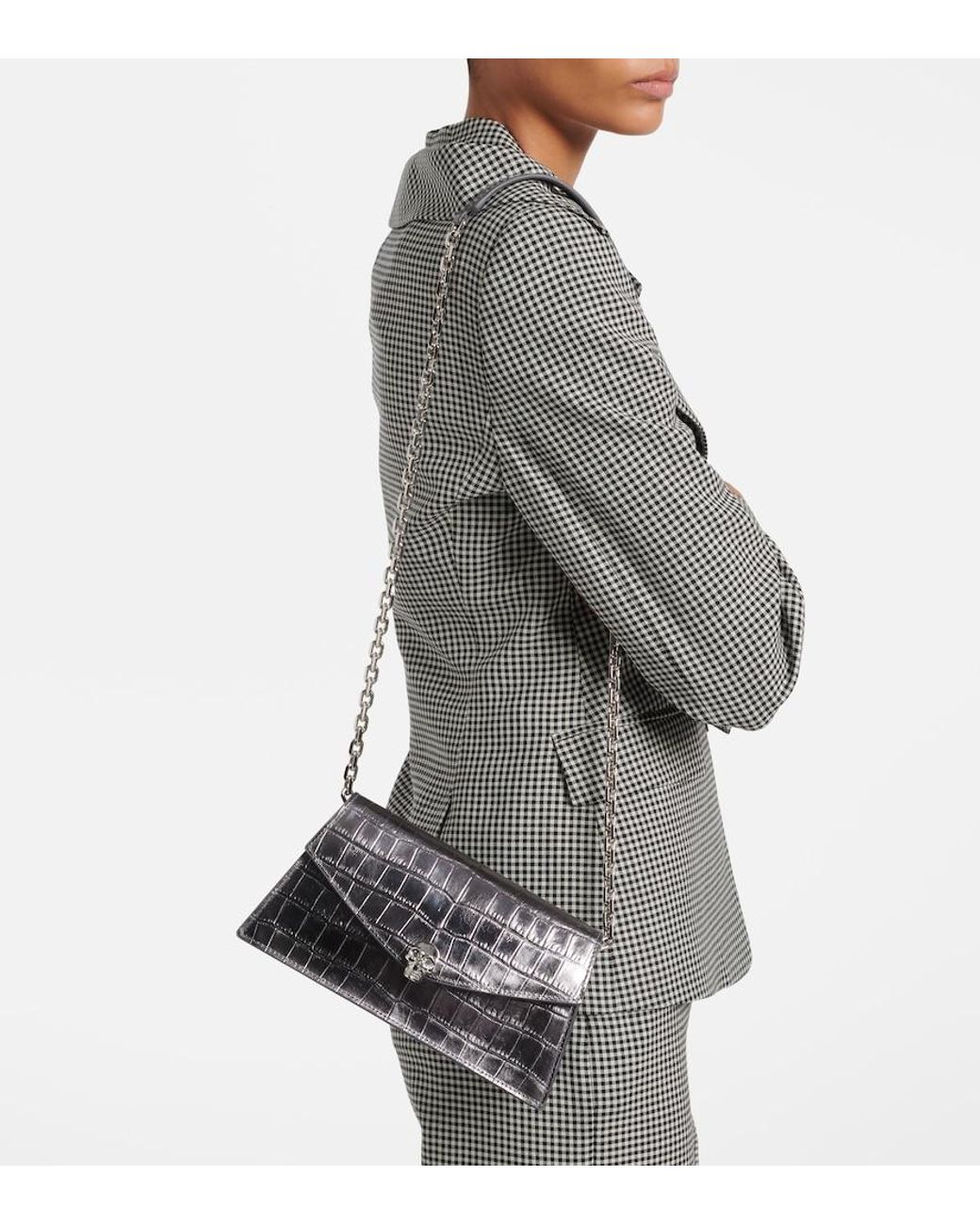 McQueen Gray Skull Mini Croc-Effect Leather Clutch