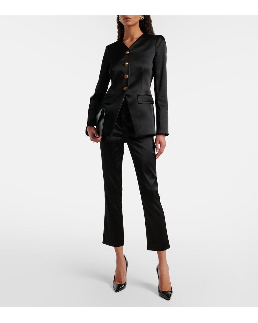 Veronica Beard Black Stila Cropped High-Rise Satin Slim Pants