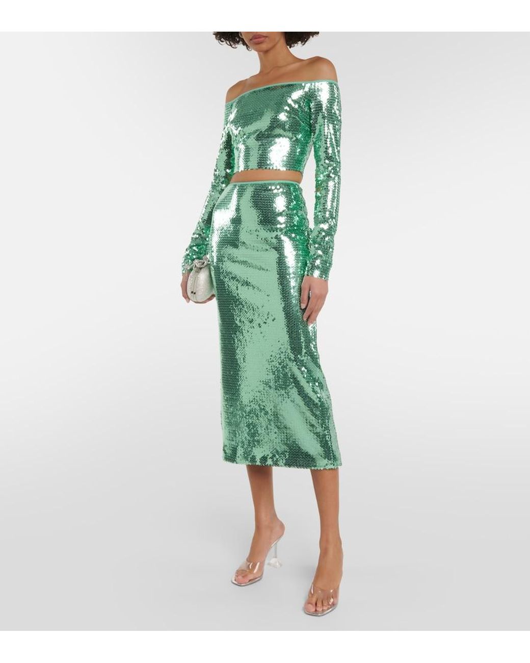 David Koma Green Sequined Off-Shoulder Crop Top