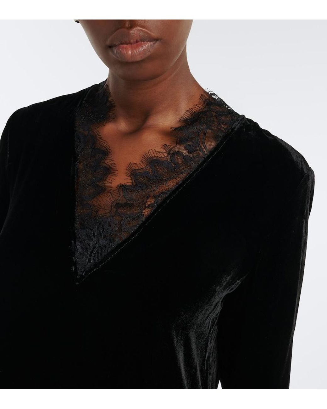 Ganni Black Lace-Trimmed Velvet Top