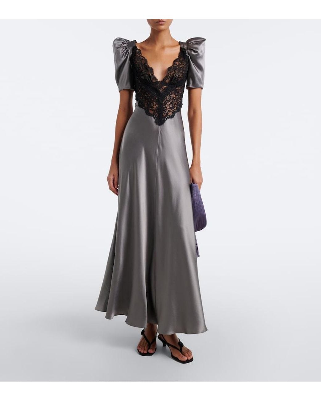 Rodarte Gray Lace-Trimmed Silk Satin Gown