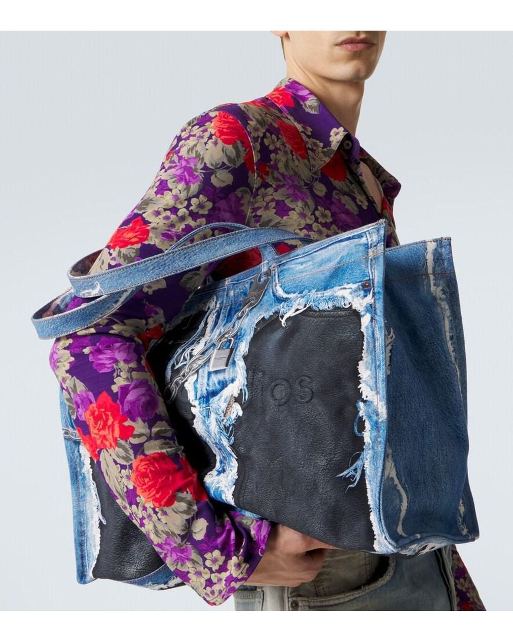 Acne Blue Trompe-L'Oil Printed Canvas Tote Bag for men