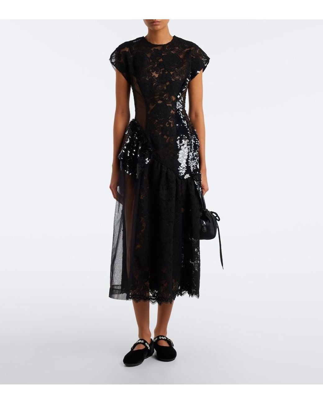 Simone Rocha Black Paneled Lace-Trimmed Sequined Midi Dress